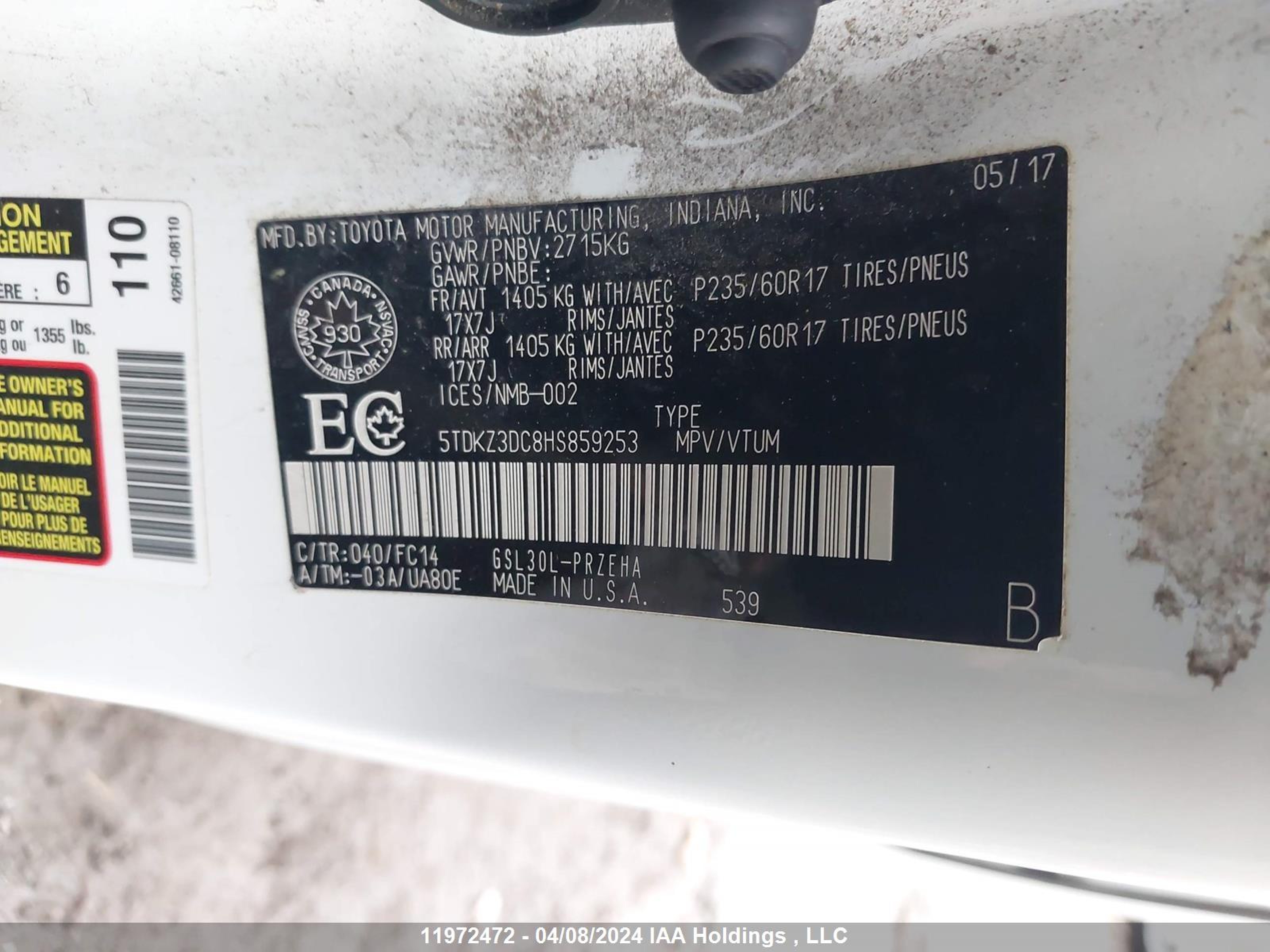 Photo 8 VIN: 5TDKZ3DC8HS859253 - TOYOTA SIENNA 