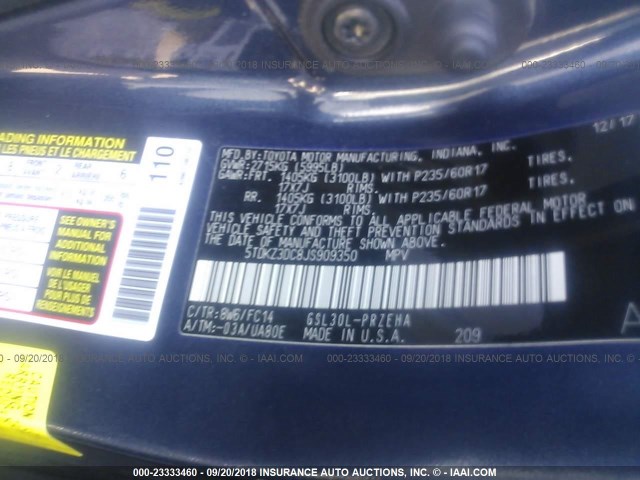 Photo 8 VIN: 5TDKZ3DC8JS909350 - TOYOTA SIENNA 