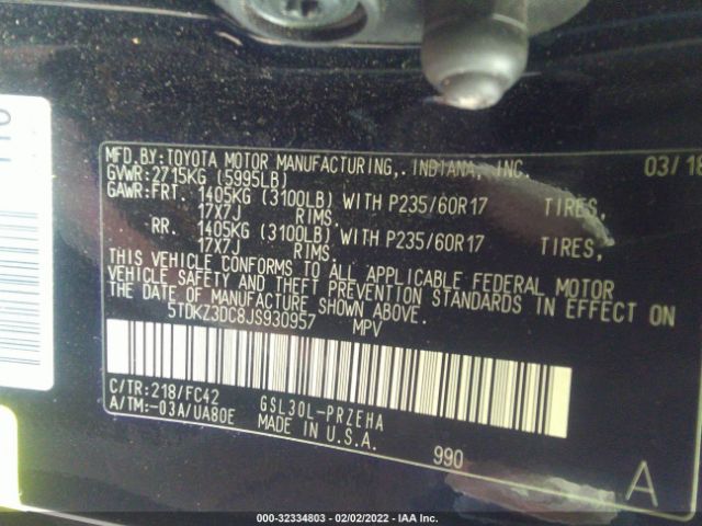 Photo 8 VIN: 5TDKZ3DC8JS930957 - TOYOTA SIENNA 