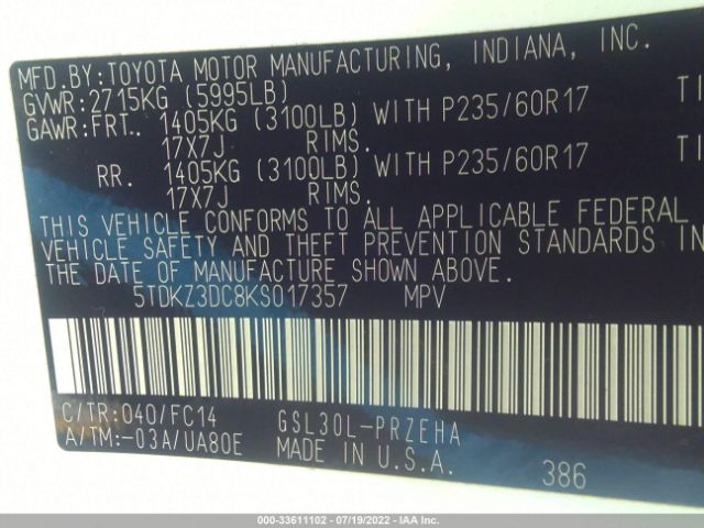 Photo 8 VIN: 5TDKZ3DC8KS017357 - TOYOTA SIENNA 