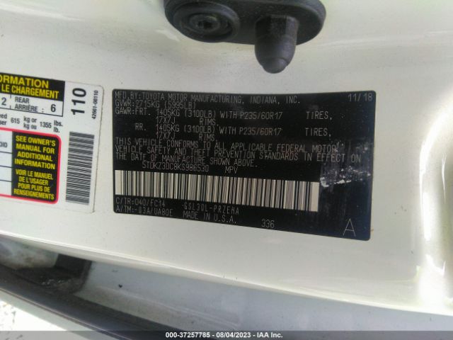 Photo 8 VIN: 5TDKZ3DC8KS986530 - TOYOTA SIENNA 