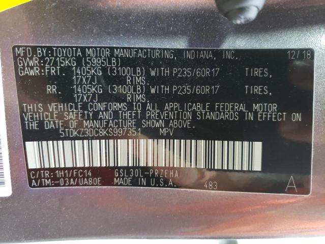 Photo 9 VIN: 5TDKZ3DC8KS997351 - TOYOTA SIENNA LE 