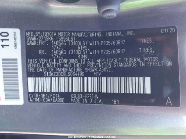 Photo 8 VIN: 5TDKZ3DC8LS064499 - TOYOTA SIENNA 