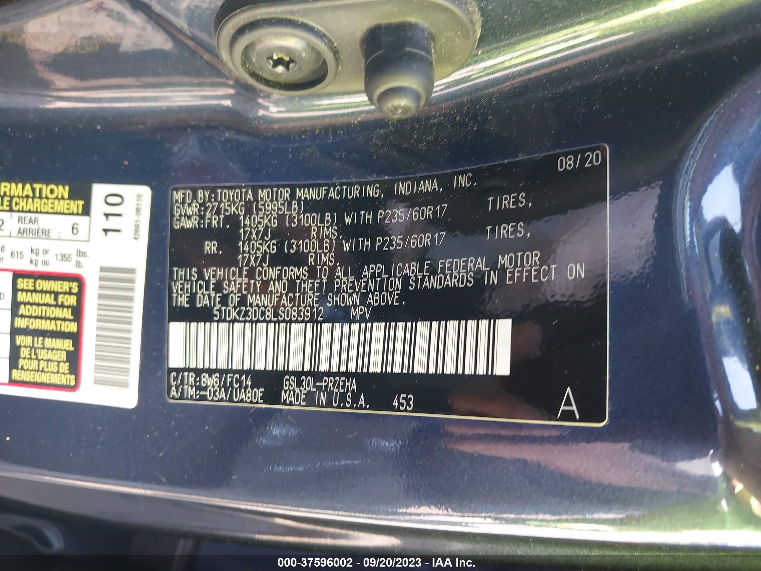 Photo 8 VIN: 5TDKZ3DC8LS083912 - TOYOTA SIENNA 