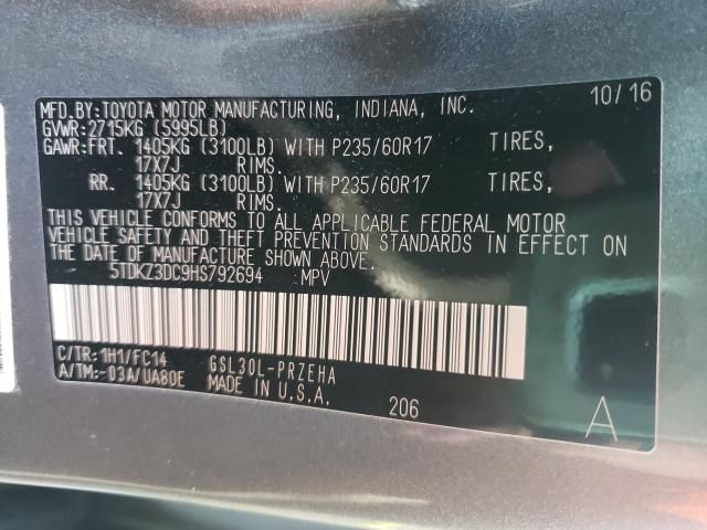 Photo 9 VIN: 5TDKZ3DC9HS792694 - TOYOTA SIENNA LE 