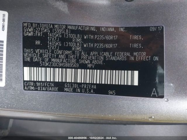 Photo 8 VIN: 5TDKZ3DC9HS889569 - TOYOTA SIENNA 