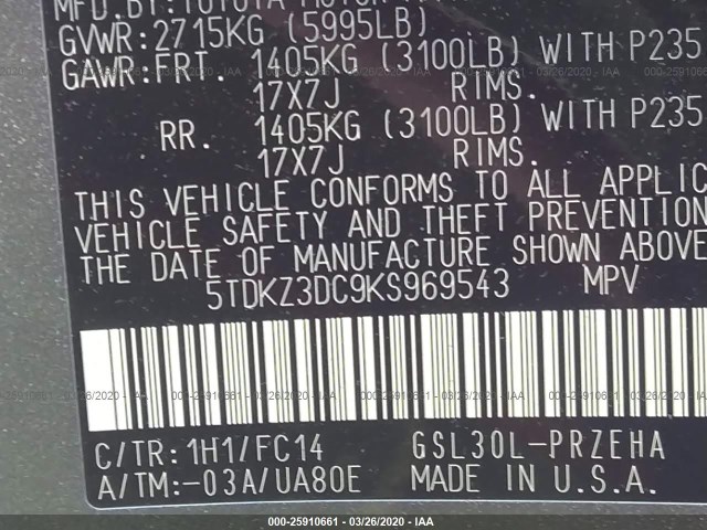 Photo 8 VIN: 5TDKZ3DC9KS969543 - TOYOTA SIENNA 