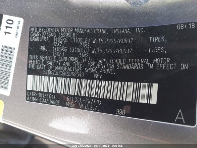 Photo 8 VIN: 5TDKZ3DC9KS969543 - TOYOTA SIENNA 