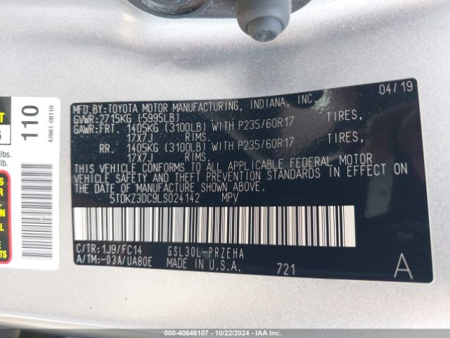 Photo 8 VIN: 5TDKZ3DC9LS024142 - TOYOTA SIENNA 