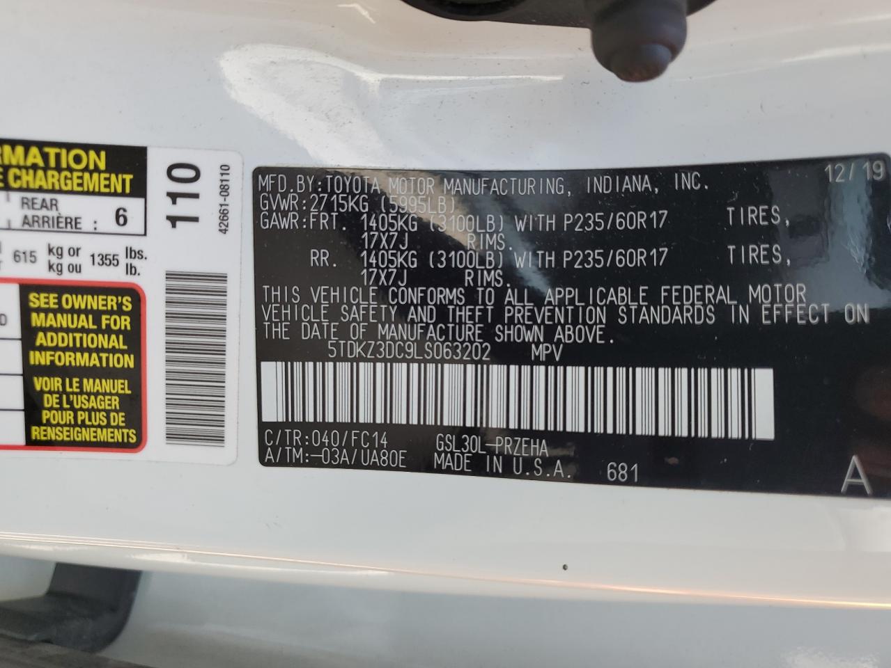 Photo 12 VIN: 5TDKZ3DC9LS063202 - TOYOTA SIENNA 