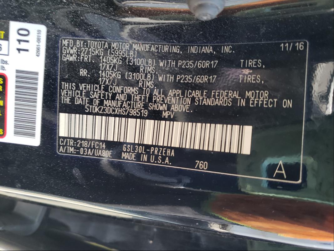 Photo 9 VIN: 5TDKZ3DCXHS798519 - TOYOTA SIENNA LE 