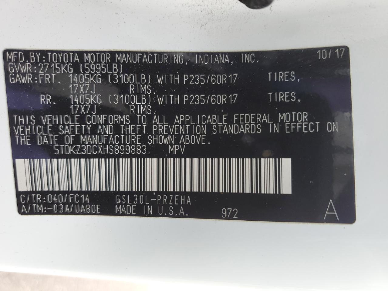 Photo 12 VIN: 5TDKZ3DCXHS899883 - TOYOTA SIENNA 