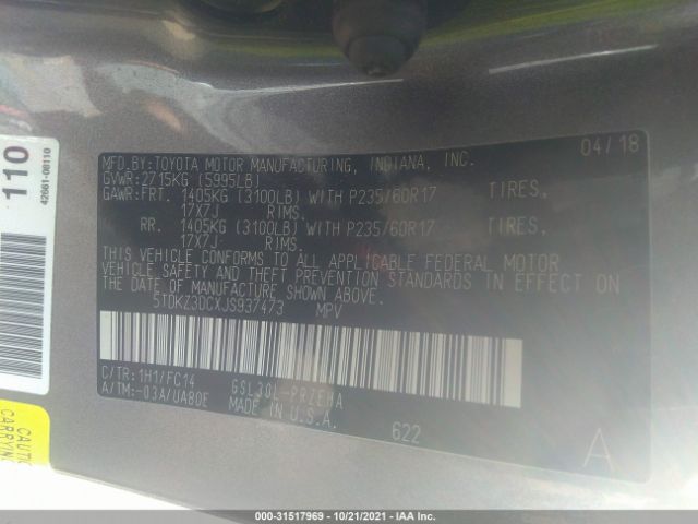 Photo 8 VIN: 5TDKZ3DCXJS937473 - TOYOTA SIENNA 