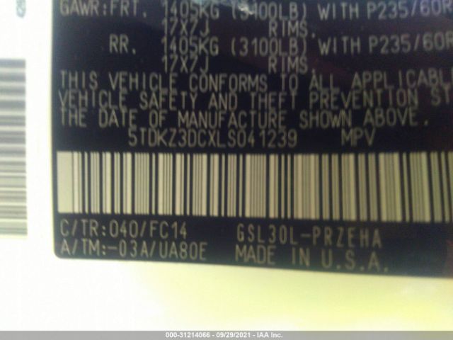 Photo 8 VIN: 5TDKZ3DCXLS041239 - TOYOTA SIENNA 