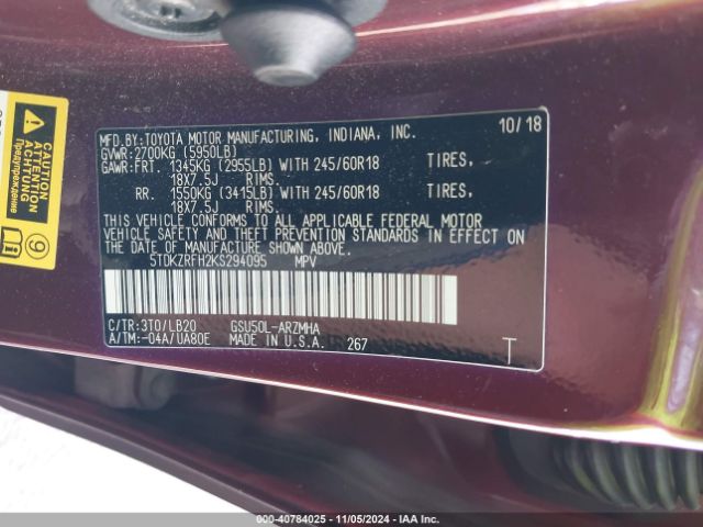 Photo 8 VIN: 5TDKZRFH2KS294095 - TOYOTA HIGHLANDER 