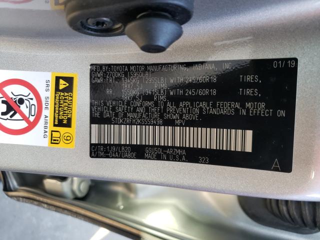 Photo 9 VIN: 5TDKZRFH2KS559498 - TOYOTA HIGHLANDER 