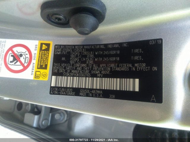 Photo 8 VIN: 5TDKZRFH3KS562765 - TOYOTA HIGHLANDER 