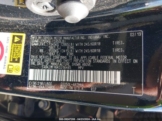 Photo 8 VIN: 5TDKZRFH6KS316485 - TOYOTA HIGHLANDER 