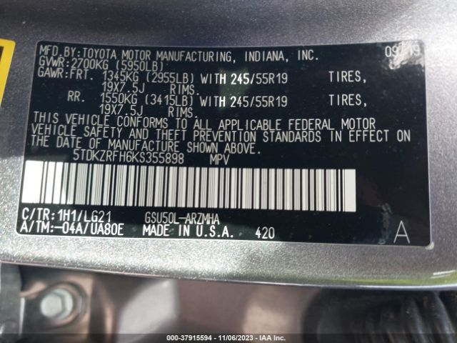 Photo 8 VIN: 5TDKZRFH6KS355898 - TOYOTA HIGHLANDER 