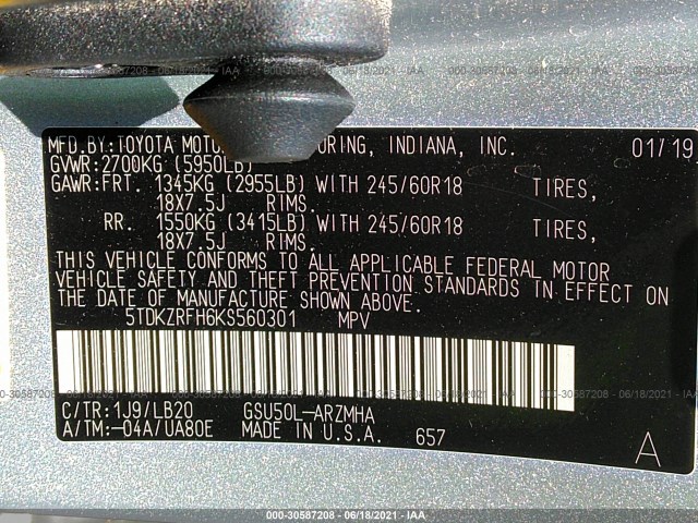 Photo 8 VIN: 5TDKZRFH6KS560301 - TOYOTA HIGHLANDER 