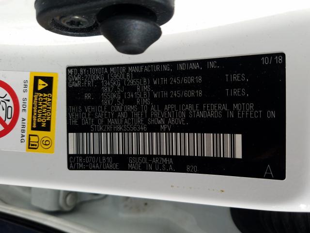 Photo 9 VIN: 5TDKZRFH8KS556346 - TOYOTA HIGHLANDER 