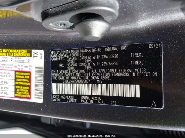 Photo 8 VIN: 5TDLZRAH5MS085867 - TOYOTA HIGHLANDER 