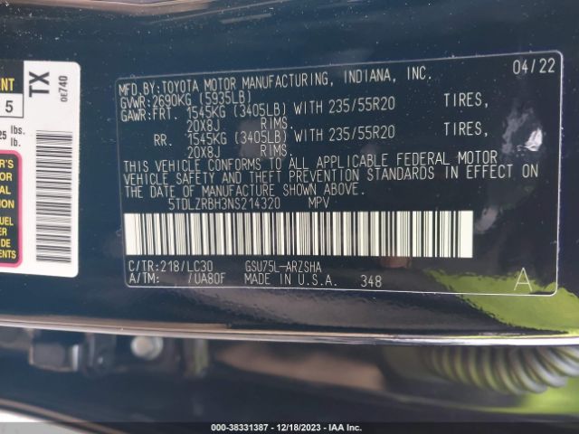 Photo 8 VIN: 5TDLZRBH3NS214320 - TOYOTA HIGHLANDER 