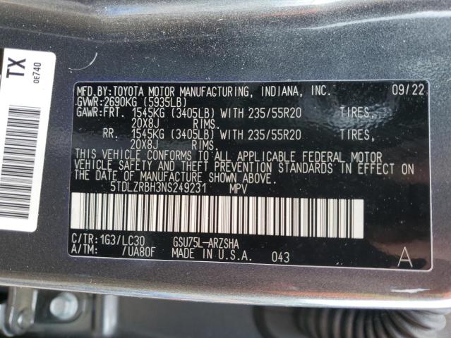 Photo 12 VIN: 5TDLZRBH3NS249231 - TOYOTA HIGHLANDER 