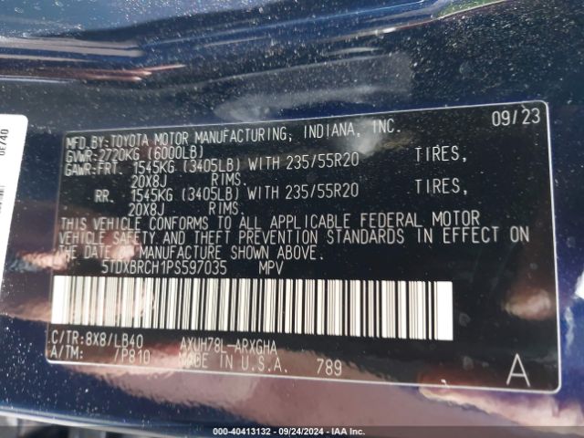 Photo 8 VIN: 5TDXBRCH1PS597035 - TOYOTA HIGHLANDER 