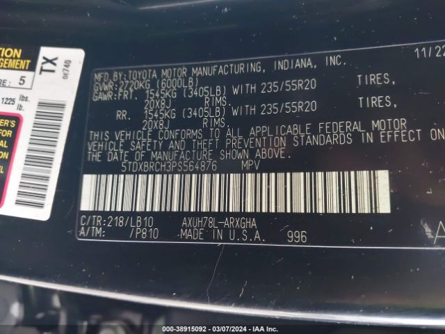 Photo 8 VIN: 5TDXBRCH3PS564876 - TOYOTA HIGHLANDER 