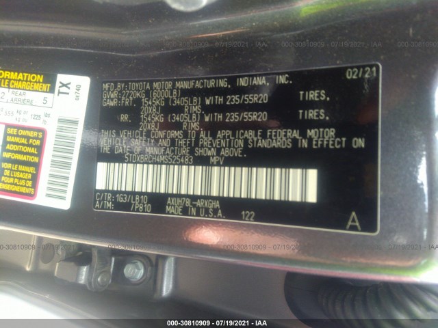 Photo 8 VIN: 5TDXBRCH4MS525483 - TOYOTA HIGHLANDER 