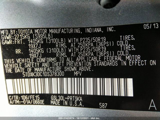 Photo 8 VIN: 5TDXK3DC1DS378300 - TOYOTA SIENNA 