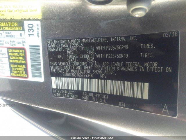 Photo 8 VIN: 5TDXK3DC1GS724348 - TOYOTA SIENNA 