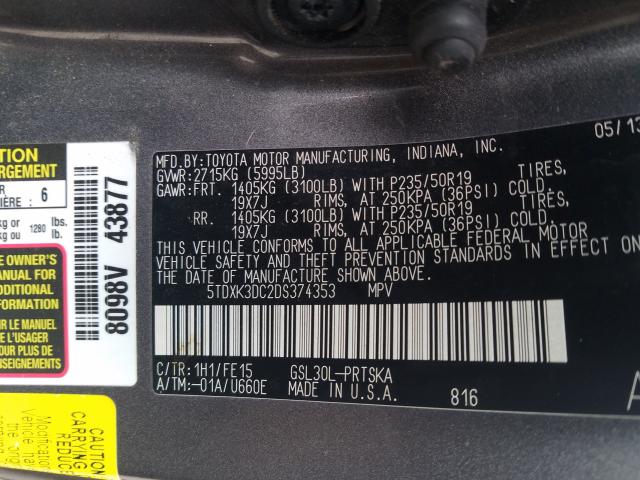 Photo 9 VIN: 5TDXK3DC2DS374353 - TOYOTA SIENNA SPO 