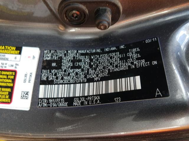 Photo 9 VIN: 5TDXK3DC3BS137819 - TOYOTA SIENNA SPO 