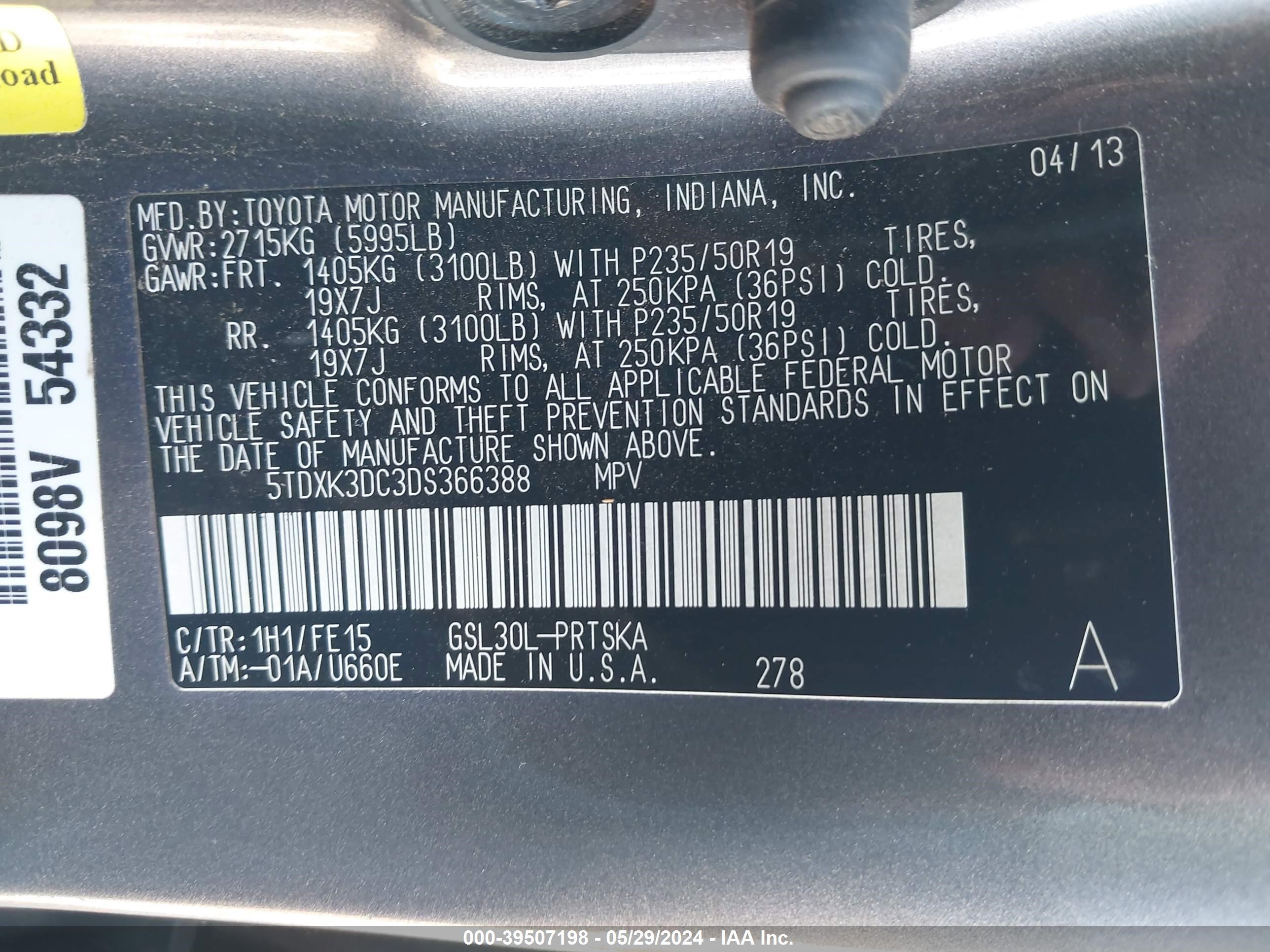 Photo 8 VIN: 5TDXK3DC3DS366388 - TOYOTA SIENNA 