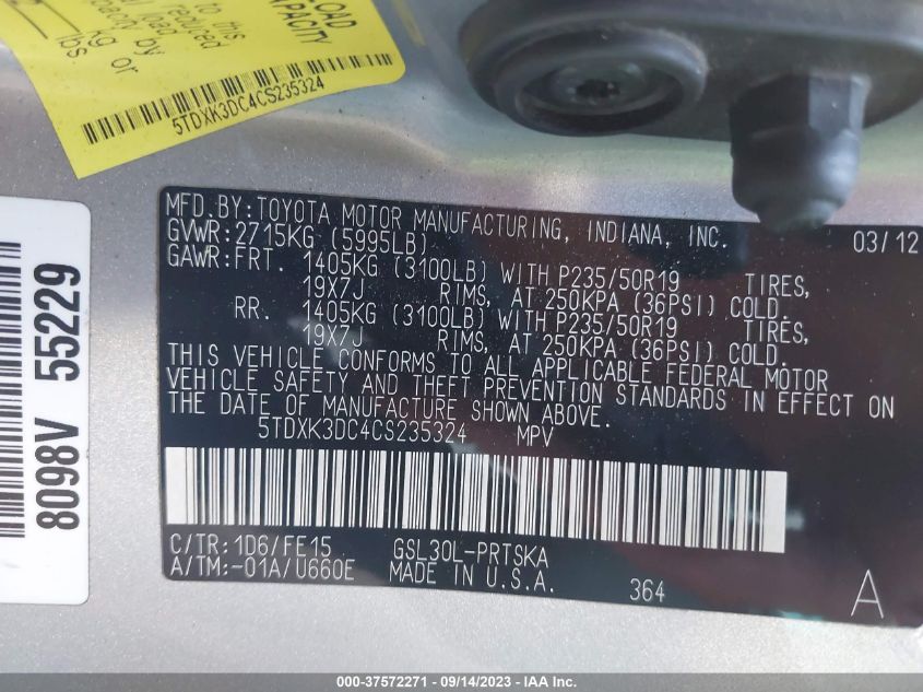 Photo 8 VIN: 5TDXK3DC4CS235324 - TOYOTA SIENNA 