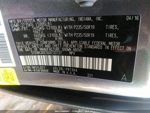 Photo 8 VIN: 5TDXK3DC5GS732727 - TOYOTA SIENNA 