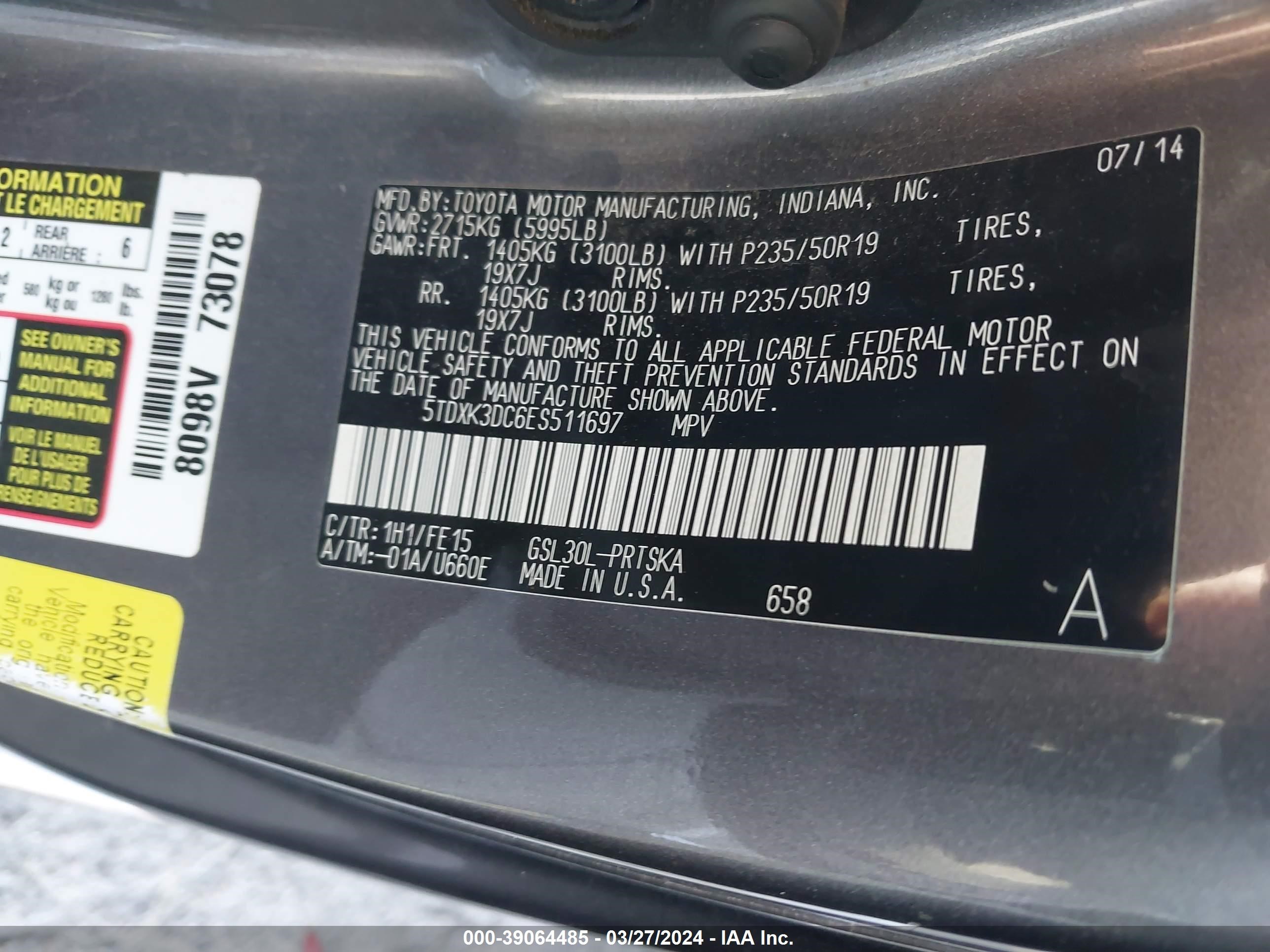 Photo 8 VIN: 5TDXK3DC6ES511697 - TOYOTA SIENNA 