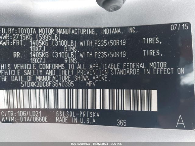 Photo 8 VIN: 5TDXK3DC8FS640395 - TOYOTA SIENNA 