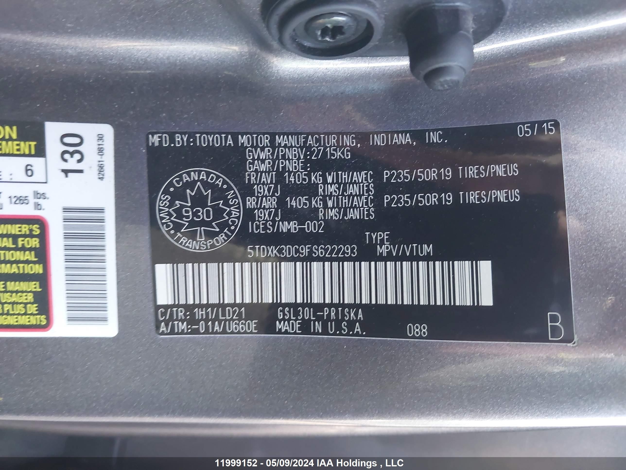 Photo 8 VIN: 5TDXK3DC9FS622293 - TOYOTA SIENNA 