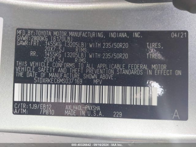 Photo 8 VIN: 5TDXRKEC6MS037169 - TOYOTA SIENNA 