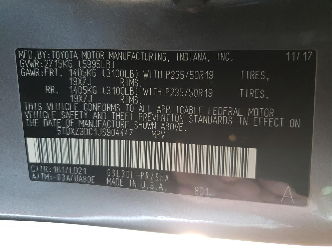 Photo 9 VIN: 5TDXZ3DC1JS904447 - TOYOTA SIENNA SE 