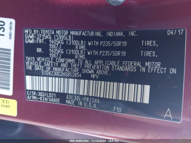 Photo 8 VIN: 5TDXZ3DC2HS852854 - TOYOTA SIENNA 