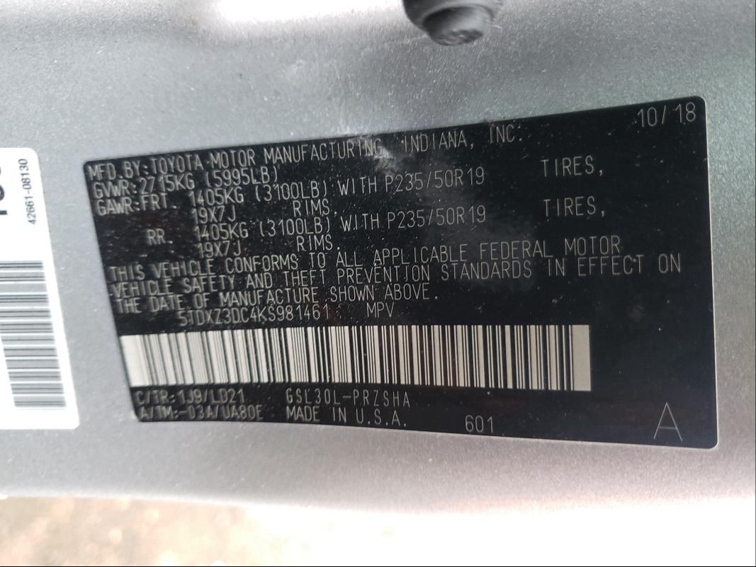 Photo 9 VIN: 5TDXZ3DC4KS981461 - TOYOTA SIENNA SE 