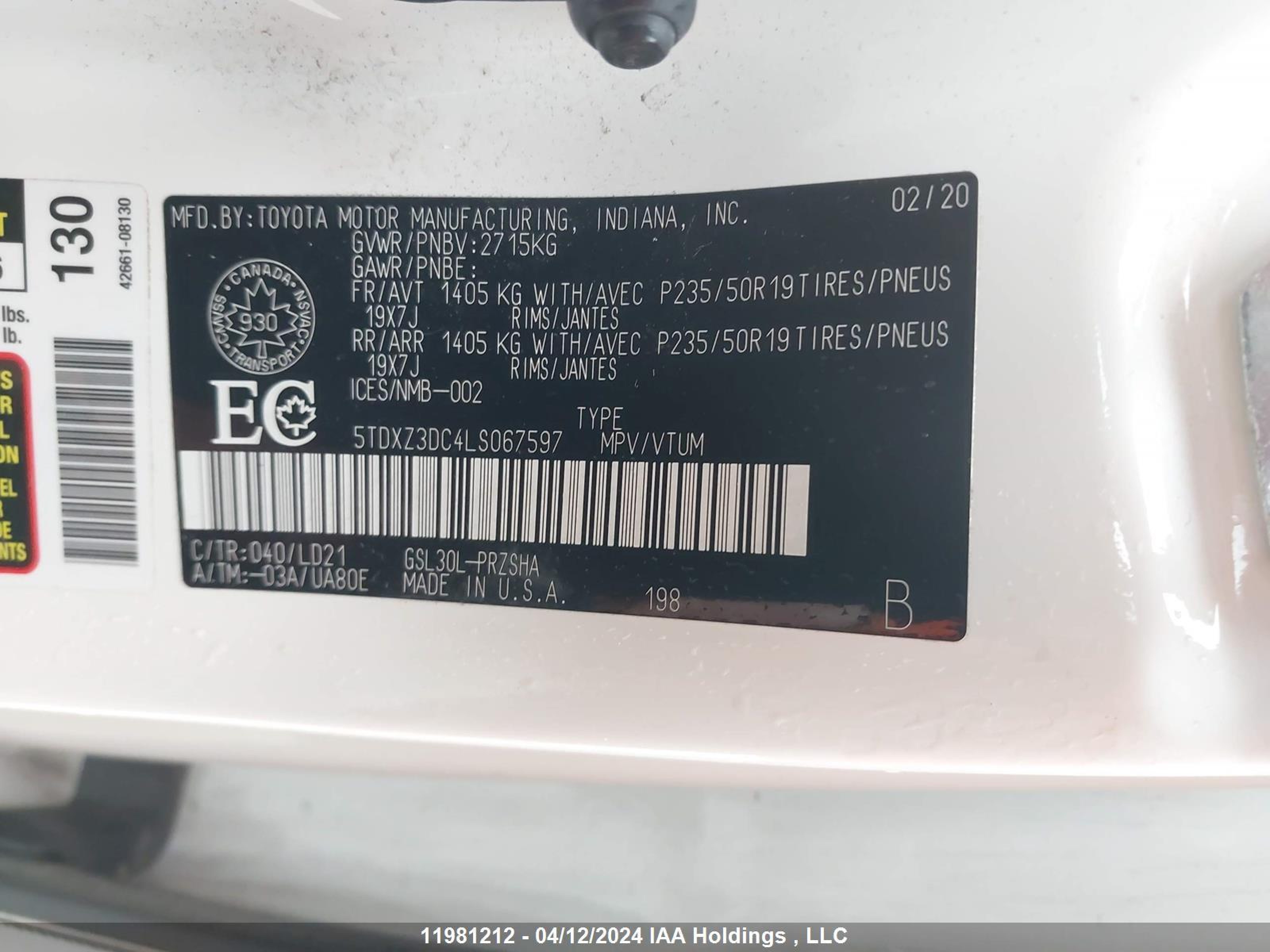 Photo 8 VIN: 5TDXZ3DC4LS067597 - TOYOTA SIENNA 