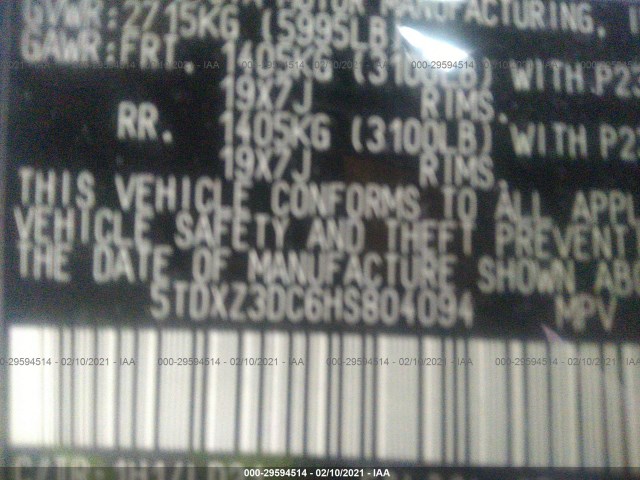 Photo 8 VIN: 5TDXZ3DC6HS804094 - TOYOTA SIENNA 