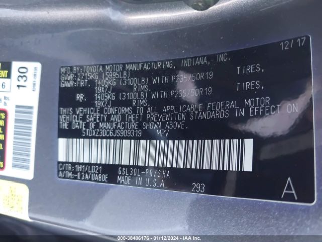 Photo 8 VIN: 5TDXZ3DC6JS909319 - TOYOTA SIENNA 