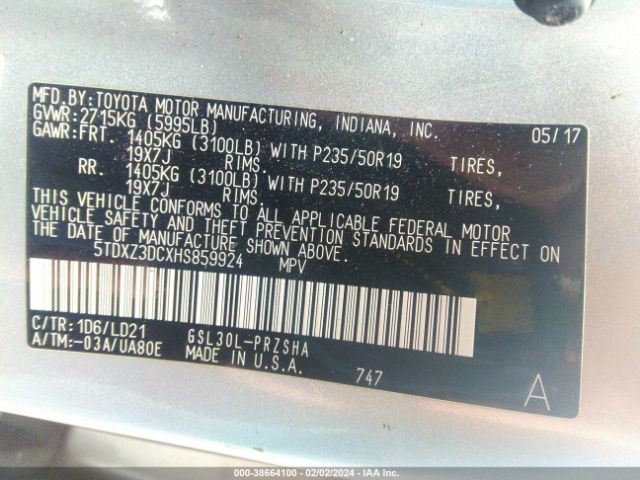 Photo 8 VIN: 5TDXZ3DCXHS859924 - TOYOTA SIENNA 