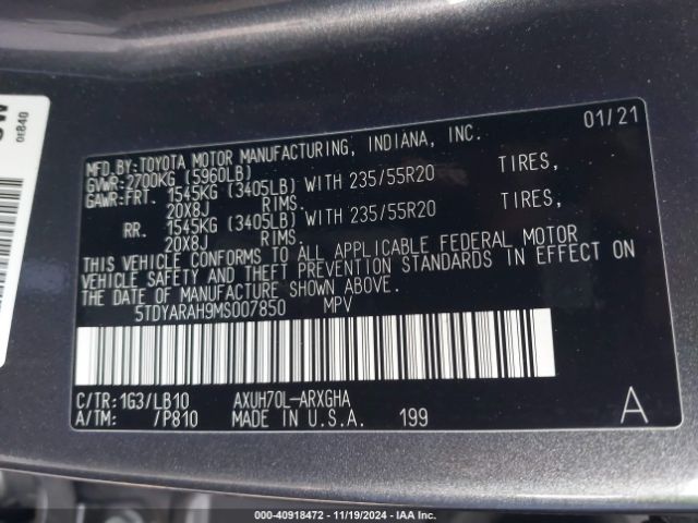 Photo 8 VIN: 5TDYARAH9MS007850 - TOYOTA HIGHLANDER 